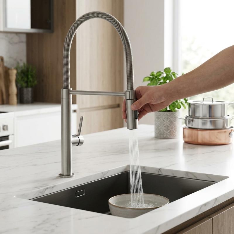 Pure.Sink Luxion massief RVS keukenkraan profi met flexibele uitloop en 2 straalsoorten PLXFLEX-02